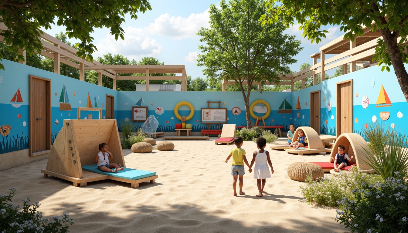 Prompt: Vibrant kindergarten playground, coastal theme, ocean-inspired murals, sailboat-shaped climbing frames, sandy beach area, seashell decorations, nautical ropes, colorful buoys, educational signage, natural wood accents, woven wicker furniture, soft blue and green hues, sunny day, warm gentle lighting, shallow depth of field, 3/4 composition, panoramic view, realistic textures, ambient occlusion.