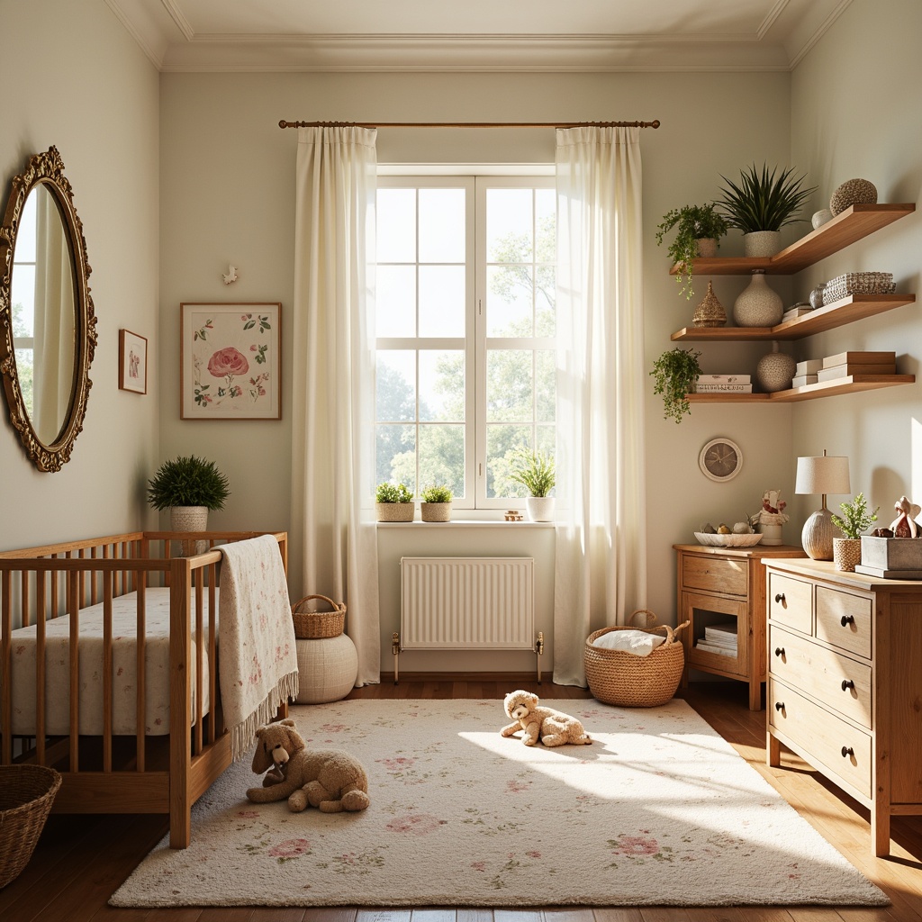 Prompt: Whimsical nursery, soft pastel colors, delicate floral patterns, plush toys, wooden crib, lace curtains, warm golden lighting, textured rugs, vintage-inspired furniture, distressed finishes, ornate mirrors, sweet-themed wall art, gentle cream accents, rustic wood shelves, woven baskets, airy sheer drapes, peaceful ambiance, shallow depth of field, 1/2 composition, soft focus effect.