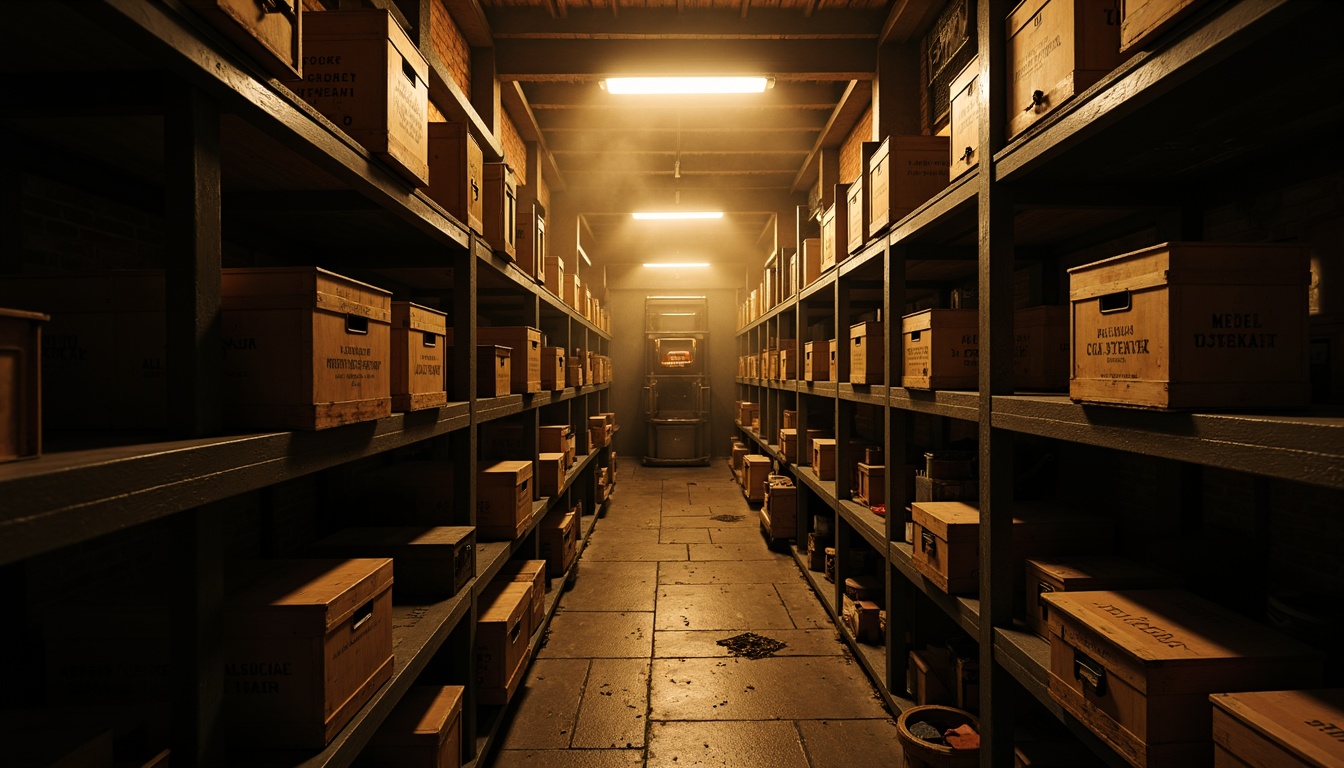 Prompt: Moody storage rooms, dimly lit atmosphere, warm golden lighting, industrial metal shelving, distressed wooden crates, vintage machinery parts, old factory-inspired decor, exposed brick walls, concrete floors, eerie shadows, dramatic spotlighting, low-key ambiance, misty fog effects, high contrast ratios, cinematic composition, bold geometric shapes, avant-garde color palette, intense emotional expression.