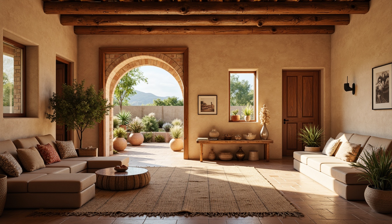 Prompt: Earthy southwestern-inspired interior, warm beige stucco walls, rustic wooden accents, Saltillo tile flooring, terracotta pottery, woven jute rugs, natural fiber textiles, earthy color palette, warm ambient lighting, shallow depth of field, 1/2 composition, soft focus effect, realistic textures, ambient occlusion.