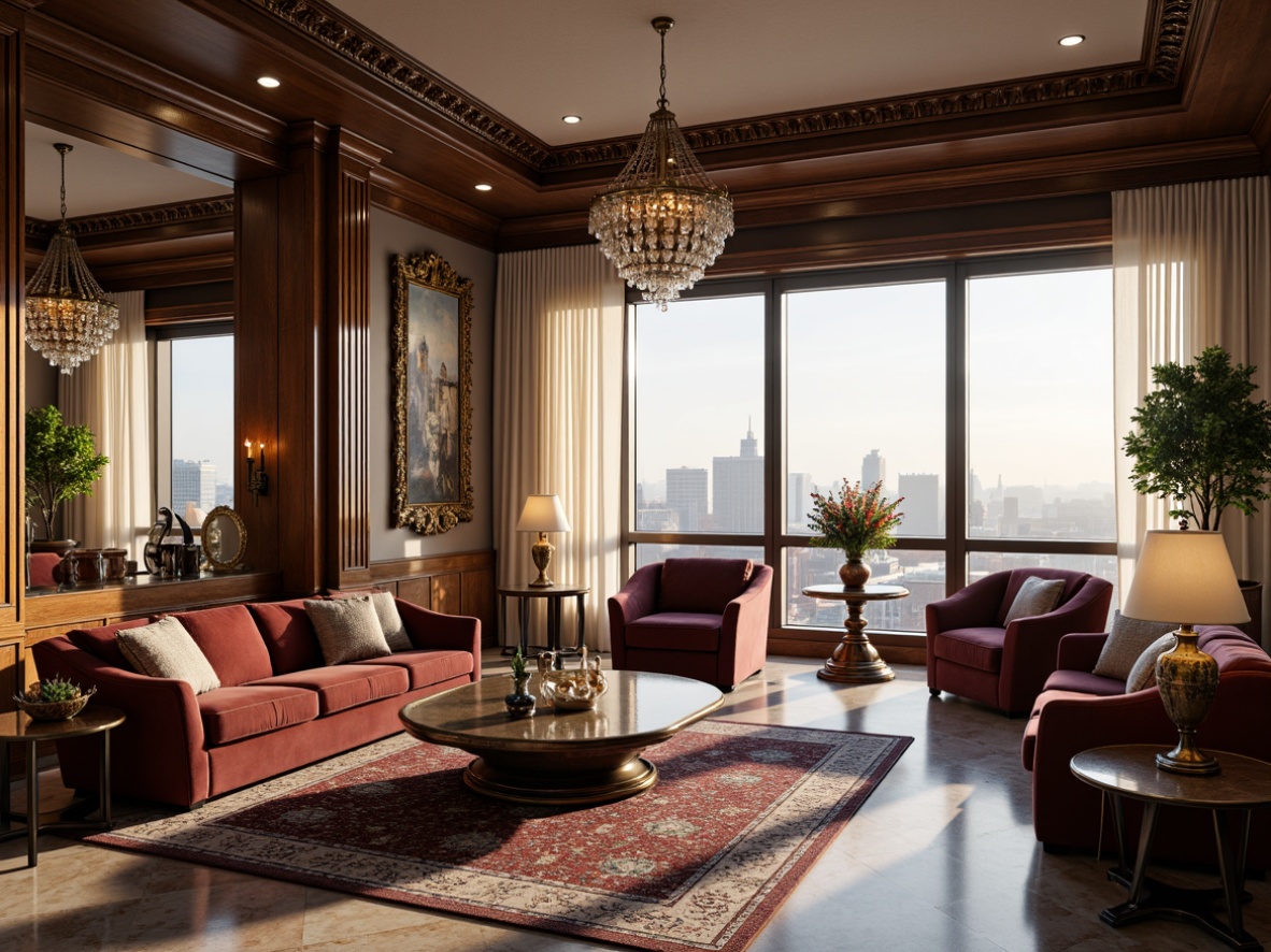 Prompt: Luxurious penthouse interior, classicism style, ornate moldings, rich wood tones, velvet upholstered sofas, antique bronze accents, crystal chandeliers, marble floors, intricate rug patterns, floor-to-ceiling windows, breathtaking city views, soft warm lighting, 1/1 composition, realistic textures, ambient occlusion.