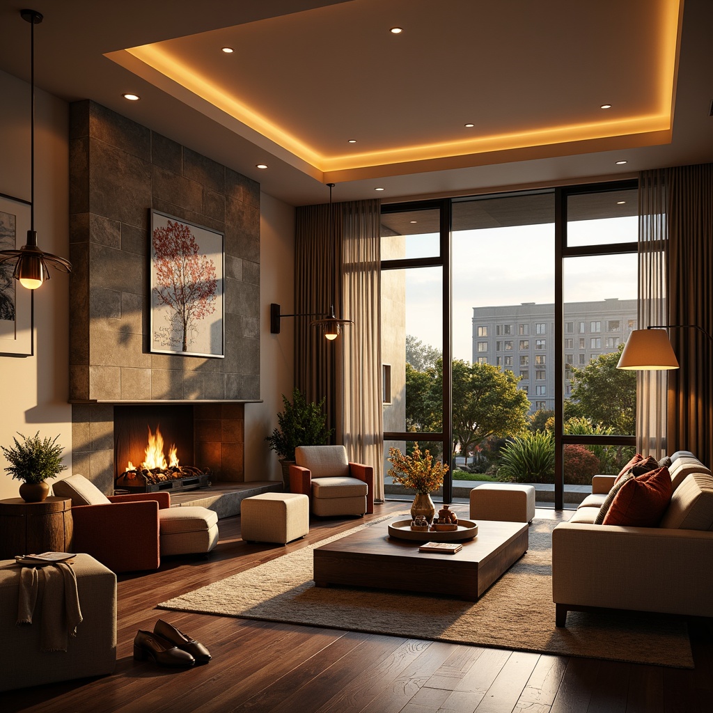 Prompt: Elegant living room, warm ambient lighting, floor lamps, table lamps, pendant lights, soft glowing chandeliers, cozy reading nooks, comfortable couches, wooden coffee tables, rich textiles, vibrant throw pillows, natural stone fireplaces, modern minimalist decor, large windows, sheer curtains, sunny afternoon, soft warm glow, shallow depth of field, 1/1 composition, realistic renderings.