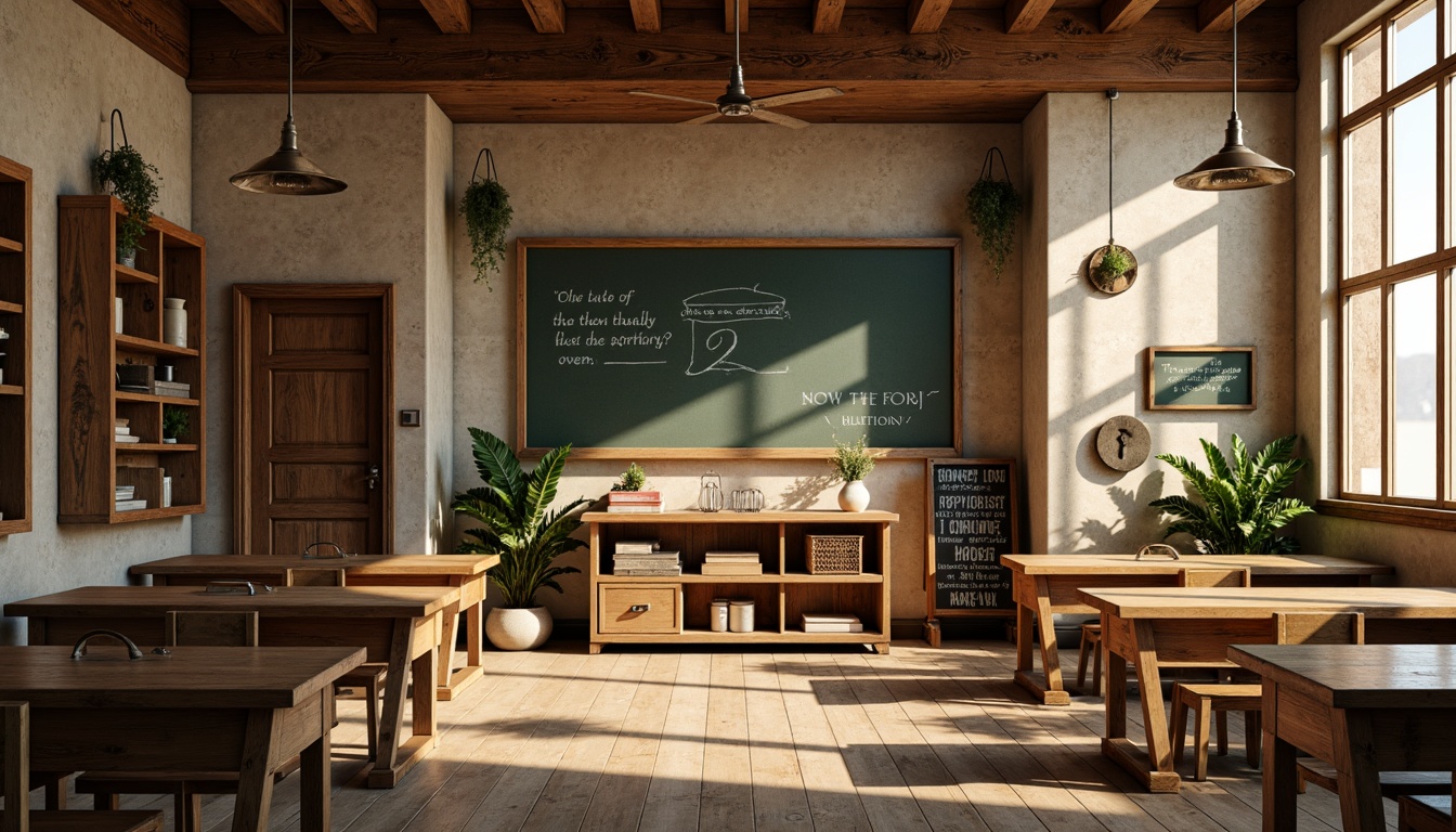 Prompt: Rustic wooden accents, earthy tones, natural materials, warm beige walls, rich woodgrain textures, vintage metal fixtures, distressed finishes, classic blackboards, inspirational quotes, cozy reading nooks, warm task lighting, soft afternoon sunlight, 1/2 composition, realistic shadows, ambient occlusion.