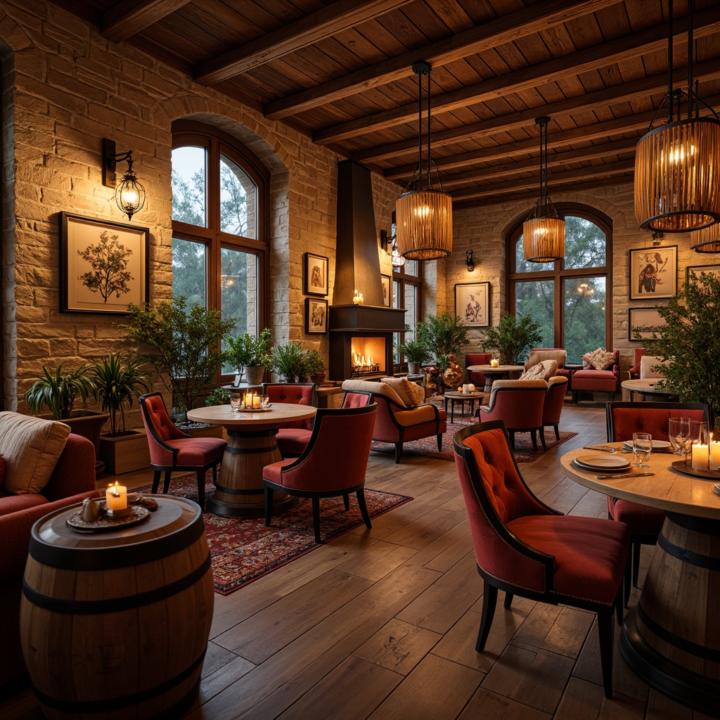 Prompt: Rustic winery interior, traditional stone walls, wooden barrel tables, vintage wine barrels, ornate metal chandeliers, reclaimed wood flooring, earthy color palette, warm candlelight, intimate seating areas, plush velvet armchairs, rich leather sofas, antique wooden decor, wine-themed artwork, natural stone fireplaces, arched windows, distressed wooden beams, soft warm lighting, shallow depth of field, 2/3 composition, realistic textures, ambient occlusion.