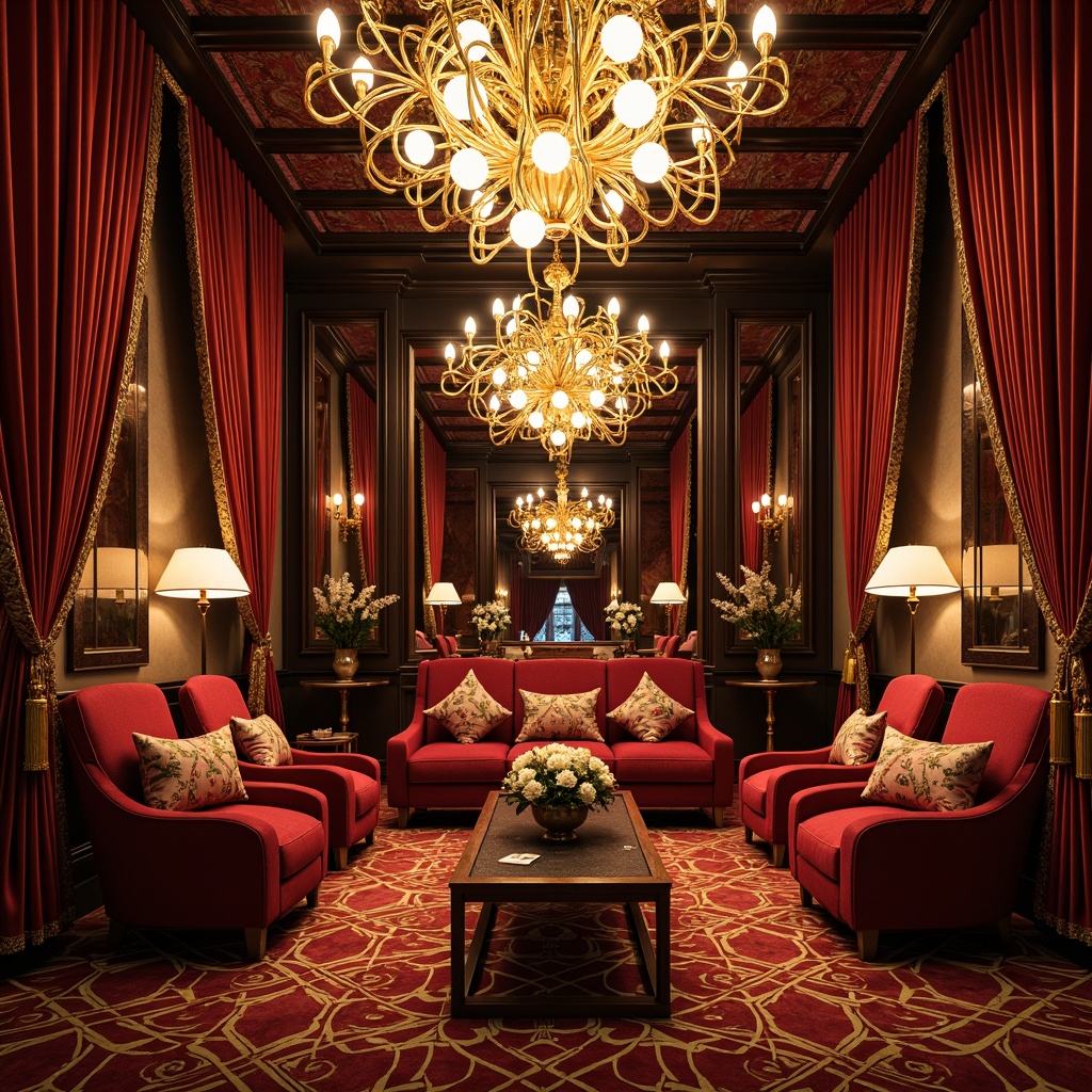 Prompt: Luxurious Art Deco interior, rich velvet fabrics, intricate geometric patterns, metallic threads, ornate furnishings, curved lines, opulent chandeliers, lavish drapery, jewel-toned colors, bold typography, stylized florals, glamorous materials, ornamental accents, sophisticated ambiance, warm golden lighting, shallow depth of field, 2/3 composition, realistic textures, ambient occlusion.