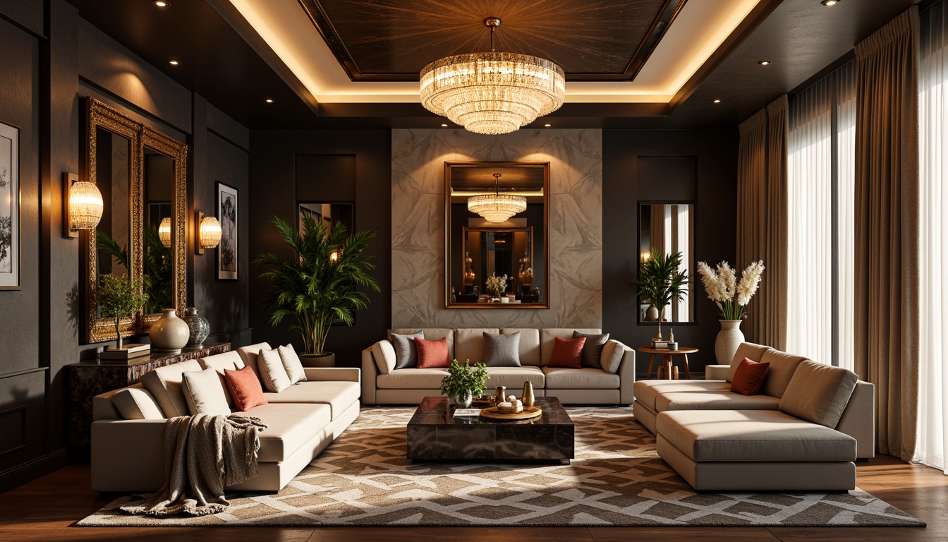 Prompt: Luxurious living room, statement lighting fixtures, ornate mirrors, rich velvet fabrics, metallic accents, geometric patterns, plush area rugs, marble coffee tables, tufted sofas, floor-to-ceiling drapes, elegant vases, decorative wall art, soft warm ambiance, golden hour lighting, shallow depth of field, 1/1 composition, realistic textures, ambient occlusion.