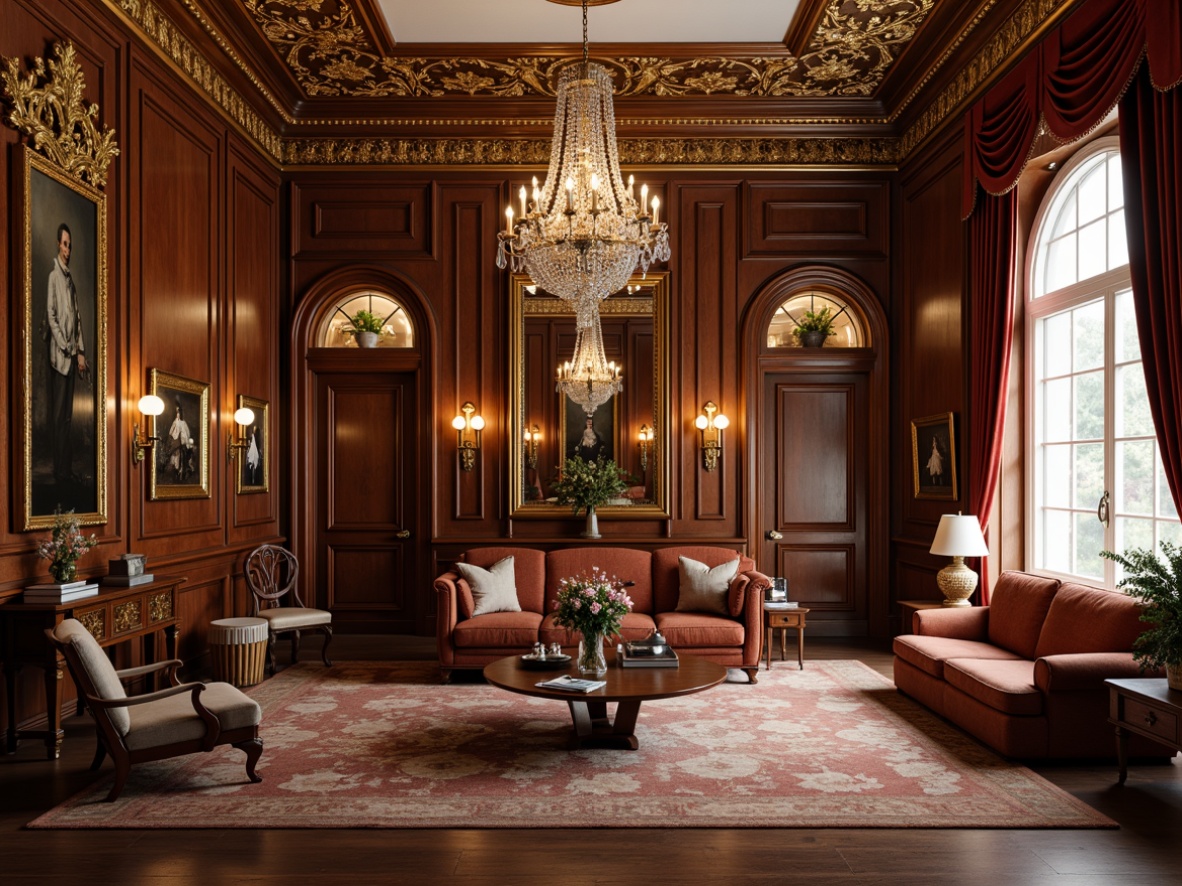 Prompt: Luxurious neoclassical interior, intricately carved wooden furniture, ornate gold leaf details, velvet upholstery, rich mahogany tones, crystal chandeliers, grand scale, symmetrical composition, regal atmosphere, subtle texture contrast, soft warm lighting, 1/1 aspect ratio, shallow depth of field, realistic reflections, ambient occlusion.