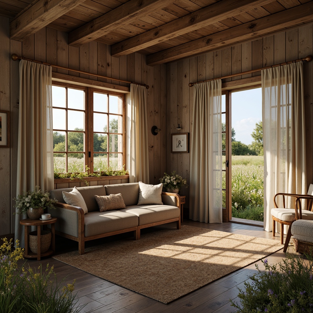 Prompt: Rustic farmhouse, wooden shutters, distressed finishes, vintage hardware, multi-paned windows, natural linen curtains, soft warm lighting, cozy interior spaces, earthy color palette, reclaimed wood accents, country-style decor, lush greenery surroundings, wildflower fields, sunny afternoon, shallow depth of field, 1/1 composition, realistic textures, ambient occlusion.