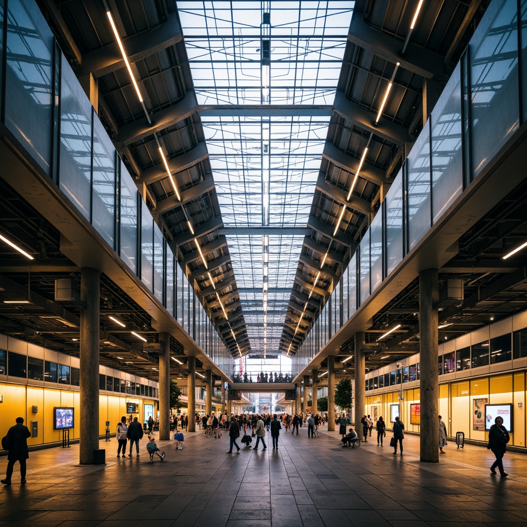 Prompt: Modern train station, sleek metal beams, large glass ceilings, natural light pouring in, warm yellow lighting, soft ambient glow, LED strip lights, futuristic lamp posts, urban cityscape, bustling crowd, rush hour atmosphere, dynamic lighting effects, color-changing illumination, pedestrian walkways, escalator systems, grand entrance halls, high-ceilinged waiting areas, comfortable seating zones, informative display screens, sleek signage systems, minimalist design language, energy-efficient solutions, eco-friendly materials.