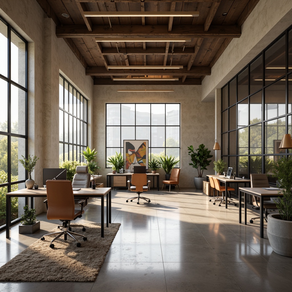 Prompt: Polished concrete floors, sleek metal desks, ergonomic chairs, minimalist wooden accents, industrial-style pendant lights, frosted glass partitions, textured stone walls, modern abstract artwork, vibrant greenery, natural fiber rugs, warm beige tones, sophisticated LED lighting, shallow depth of field, 1/1 composition, realistic reflections, ambient occlusion.