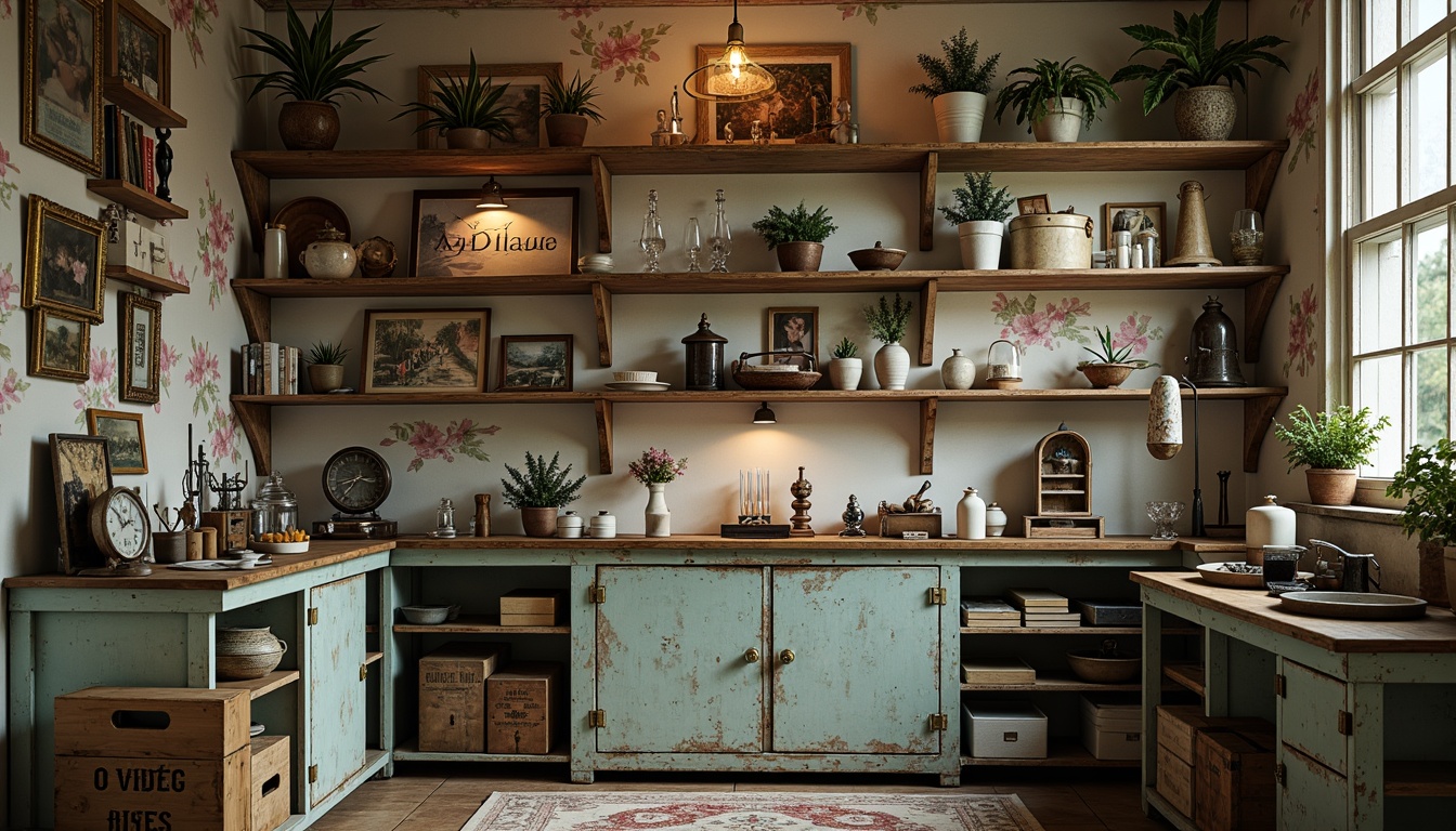 Prompt: Distressed wooden shelves, vintage laboratory equipment, soft pastel colors, floral patterns, lace details, distressed metal cabinets, ornate mirrors, antique scientific instruments, worn leather-bound books, rustic wooden crates, peeling paint walls, warm candlelight, shallow depth of field, 1/1 composition, realistic textures, ambient occlusion.Please let me know if this meets your requirements!