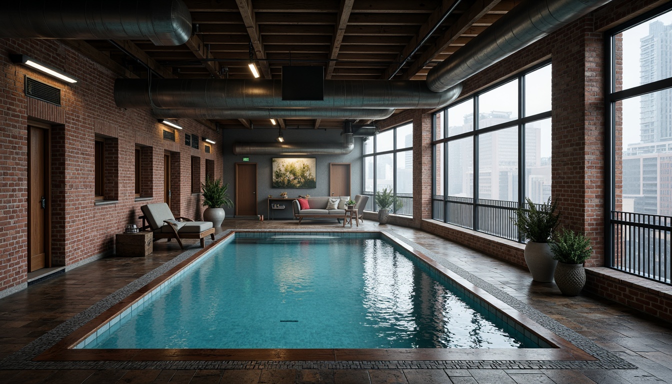 Prompt: Rustic industrial swimming pool, exposed brick walls, metal latticework, reclaimed wood decking, distressed concrete floors, weathered steel beams, vintage machinery details, functional pipes and ducts, urban cityscape views, moody lighting, misty atmosphere, shallow water effects, 1/2 composition, realistic reflections, ambient occlusion.