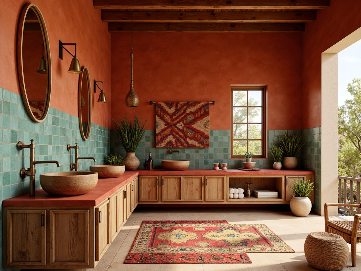 Prompt: Warm terracotta walls, rustic wooden cabinets, earthy red countertops, turquoise accents, sandy beige flooring, woven textiles, vibrant Native American patterns, geometric tile backsplash, pendant lighting, natural stone sink basins, distressed metal hardware, desert botanicals, cactus silhouettes, warm afternoon sunlight, soft shadows, 1/1 composition, shallow depth of field, realistic textures.