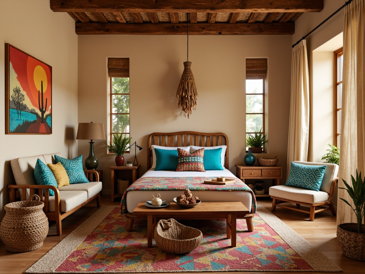 Prompt: Vibrant Native American-inspired patterns, bold turquoise accents, sandy beige walls, woven wool rugs, rustic wooden furniture, colorful woven baskets, plush cactus-shaped pillows, vibrant geometric textiles, Southwestern-style bedding, desert landscape artwork, warm golden lighting, cozy reading nooks, natural fabric drapes, earthy tone color palette, whimsical dreamcatcher decorations.