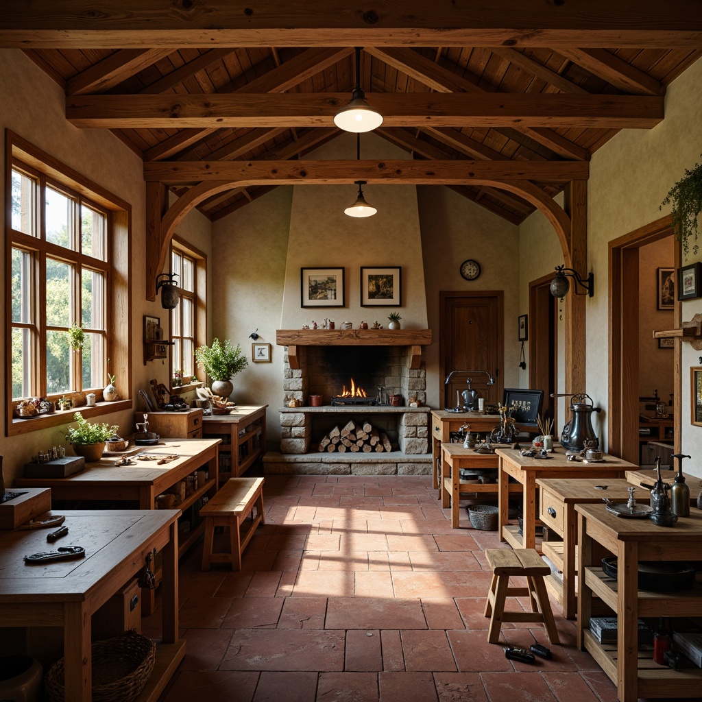 Prompt: Earthy Craftsman-style workshop, wooden workbenches, vintage tools, rustic metal accents, warm beige walls, rich brown wood tones, earthy red brick floors, natural stone fireplaces, cozy ambient lighting, soft warm glow, shallow depth of field, 2/3 composition, realistic textures, atmospheric perspective.