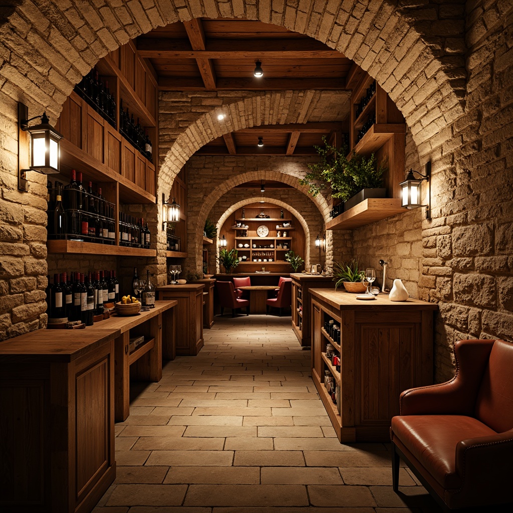 Prompt: Rustic wine cellar, natural stone walls, reclaimed wood accents, earthy color palette, warm ambient lighting, wooden wine racks, metal lanterns, brick archways, distressed finishes, rich leather upholstery, vintage wine barrels, dimly lit atmosphere, soft shadows, 1/2 composition, shallow depth of field, realistic textures.