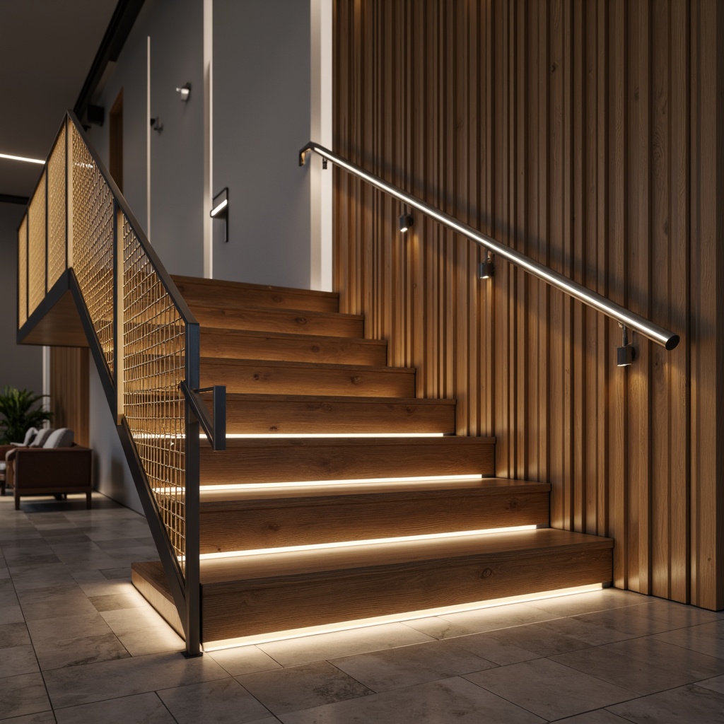 Prompt: Sleek modern staircase, innovative handrail design, stainless steel material, minimalist aesthetic, geometric patterns, subtle LED lighting, warm wooden steps, open risers, floating treads, cantilevered construction, luxurious atmosphere, soft ambient glow, 1/1 composition, shallow depth of field, high-contrast rendering, realistic reflections.