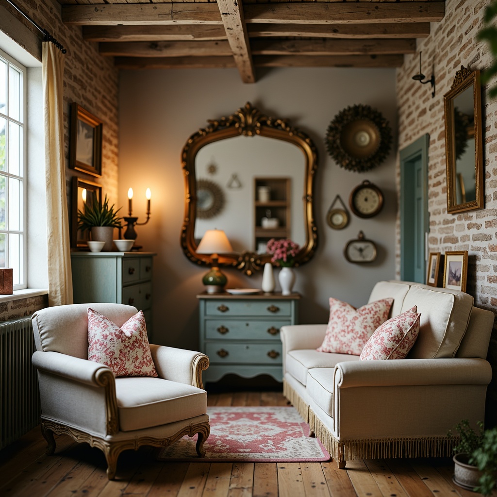 Prompt: Distressed wooden furniture, soft pastel hues, vintage accessories, floral patterns, lace trimmings, ruffled fabrics, distressed finishes, antique decorations, ornate mirrors, rustic wood floors, natural stone walls, warm candlelight, soft focus, shallow depth of field, 1/1 composition, intimate atmosphere, romantic ambiance.