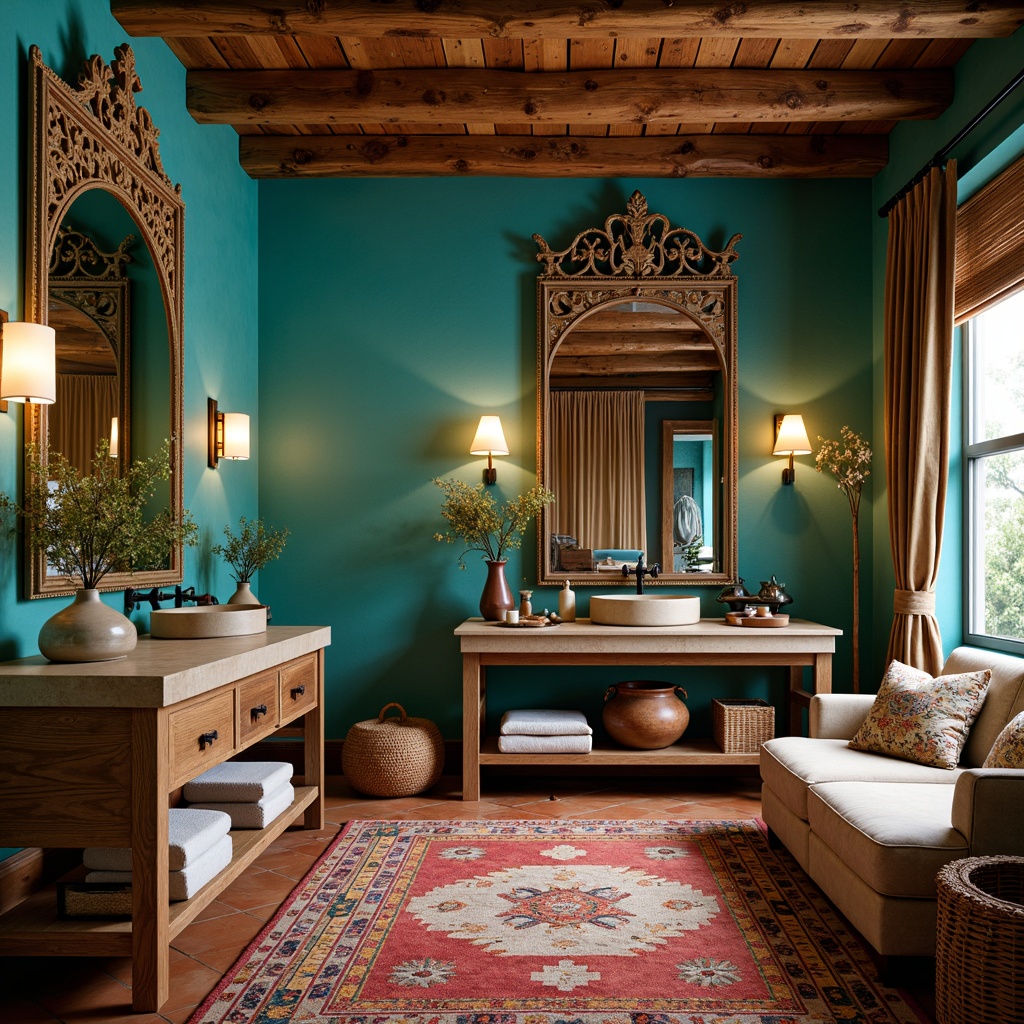 Prompt: Rich turquoise walls, ornate mirrors, rustic wooden vanities, vibrant Native American patterns, bold geometric tiles, earthy terracotta flooring, dramatic lighting fixtures, luxurious velvet drapes, plush area rugs, statement furniture pieces, bold decorative accents, warm beige countertops, natural stone sinks, Southwestern-inspired accessories, colorful woven baskets, ambient softbox lighting, 1/1 composition, intimate camera angle, realistic textures.