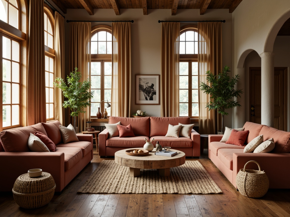 Prompt: Cozy living room, plush throw pillows, soft velvet sofas, woven baskets, natural fiber rugs, earthy tone colors, warm ambient lighting, 3/4 composition, shallow depth of field, realistic textures, ambient occlusion.