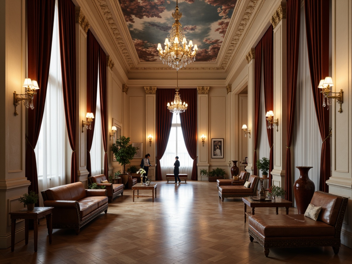 Prompt: Elegant hall with neoclassical columns, ornate moldings, crystal chandeliers, rich velvet drapes, luxurious wooden furniture, intricately carved armchairs, tufted sofas, marble side tables, bronze vases, fresco ceilings, subtle warm lighting, shallow depth of field, 1/2 composition, realistic textures, ambient occlusion.