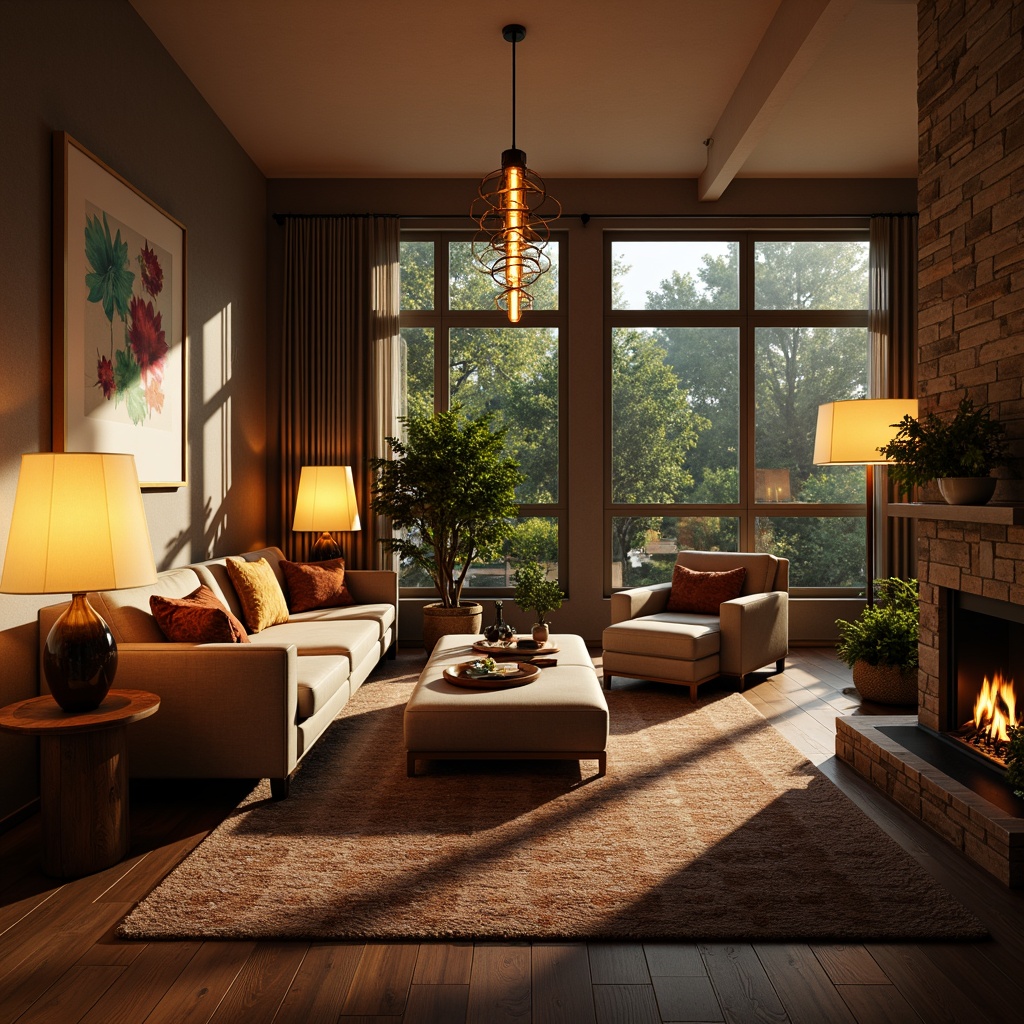 Prompt: Cosy living room, warm ambient lighting, soft glowing floor lamps, stylish table lamps, elegant chandelier, modern pendant lights, LED strip lights, vibrant color-changing bulbs, textured walls, plush carpets, comfortable sofas, wooden coffee tables, greenery, natural stone fireplace, large windows, sheer curtains, sunny day, warm golden lighting, shallow depth of field, 3/4 composition, realistic textures, ambient occlusion.