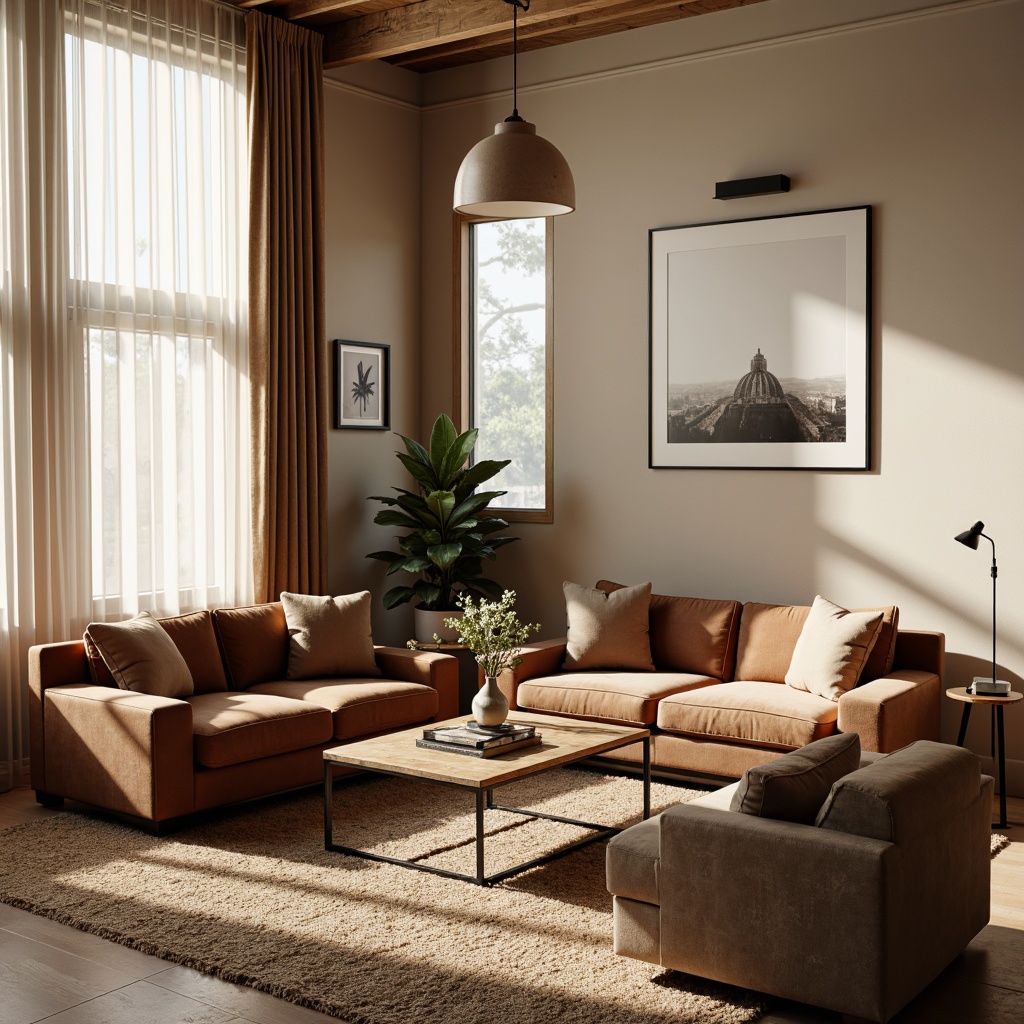 Prompt: Cozy living room, plush velvet sofas, reclaimed wood coffee tables, minimalist metal frames, soft cushioned armchairs, natural fiber rugs, warm beige walls, floor-to-ceiling windows, sheer white curtains, pendant lamps, ambient lighting, 3/4 composition, shallow depth of field, realistic textures, soft focus, inviting atmosphere.