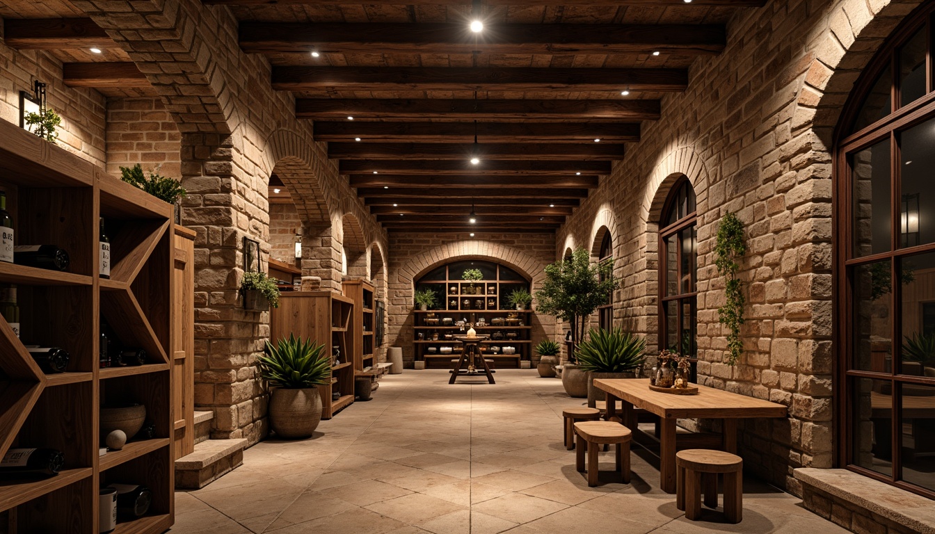 Prompt: Rustic wine cellar, distressed wooden planks, earthy stone walls, reclaimed wood beams, vintage metal accents, warm dim lighting, rich leather textures, ornate ironwork, classic brick archways, elegant wooden crates, natural cork flooring, soft warm ambiance, subtle earthy aromas, 3/4 composition, shallow depth of field, realistic wood grain textures.