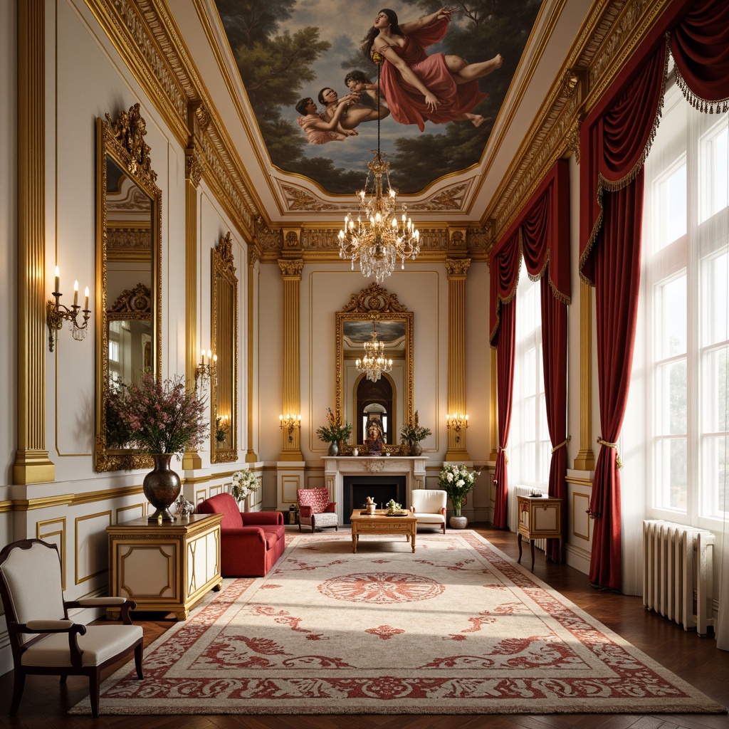 Prompt: Opulent Rococo interior, lavish gold accents, soft creamy whites, rich velvety reds, ornate mirrors, intricate carvings, gilded furnishings, delicate florals, luxurious fabrics, tufted upholstery, crystal chandeliers, grandiose ceiling murals, warm candlelight, shallow depth of field, 1/1 composition, realistic textures, ambient occlusion.