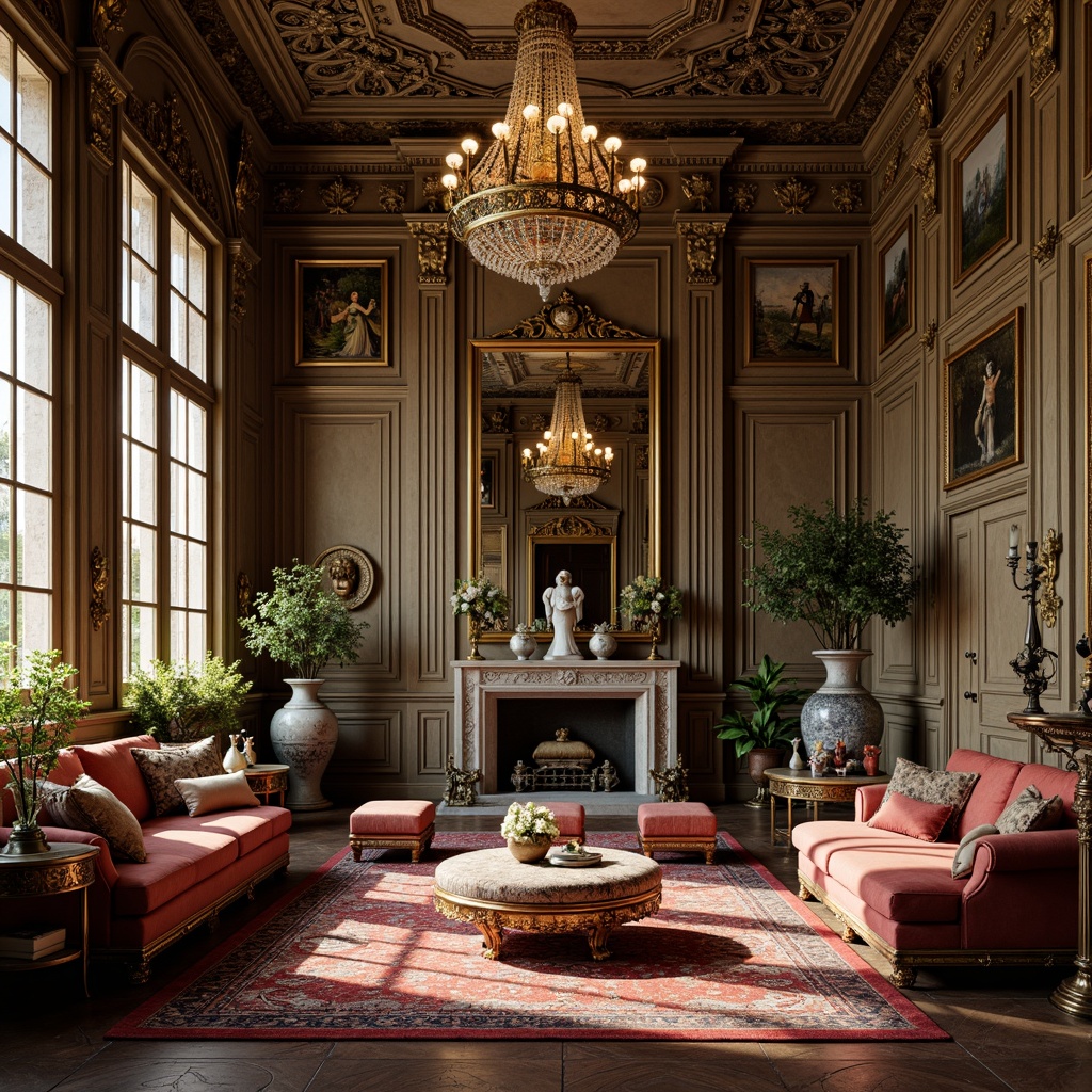 Prompt: Ornate furnishings, lavish chandeliers, intricate carvings, luxurious fabrics, rich textures, metallic accents, ornamental mirrors, elegant vases, exquisite sculptures, sophisticated patterns, vibrant colors, subtle lighting, soft shadows, 3/4 composition, shallow depth of field, realistic reflections, ambient occlusion.