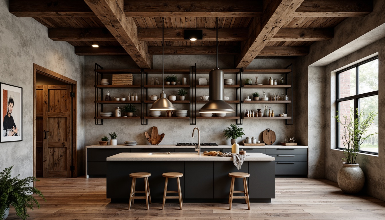 Prompt: Rustic wooden accents, distressed metal surfaces, industrial-chic concrete walls, reclaimed wood flooring, exposed brick ceilings, natural stone countertops, matte black cabinets, metallic silver hardware, earthy tone color palette, ambient warm lighting, shallow depth of field, 2/3 composition, realistic textures, subtle reflections.