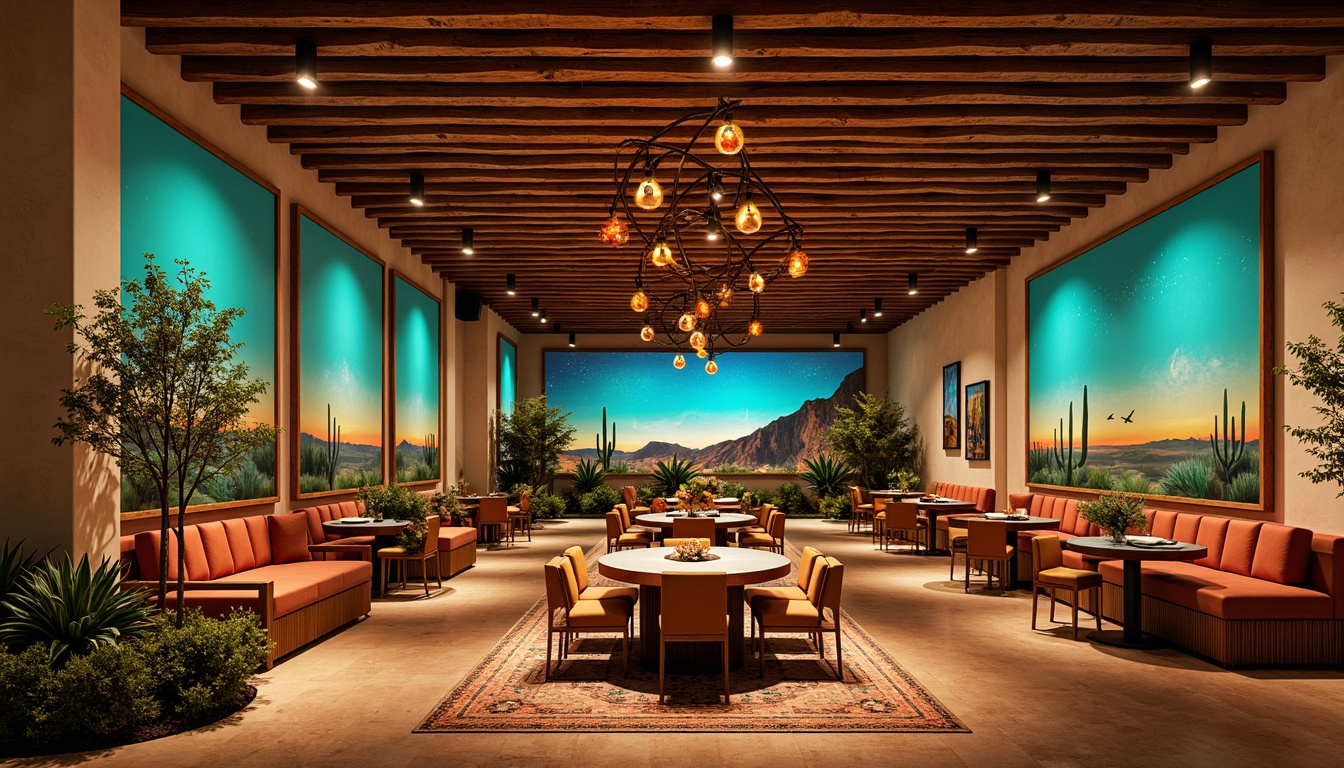 Prompt: Vibrant turquoise accents, warm golden lighting, rustic wooden beams, earthy terracotta floors, desert-inspired landscapes, cacti plants, sunset hues, soft warm glow, lantern-style fixtures, pendant lights, LED strips, ambient illumination, spotlights on gaming tables, dimmable lighting systems, starry night sky projections, Native American patterned rugs, natural stone walls, reclaimed wood ceilings, bold colorful artwork, festive decorative elements.