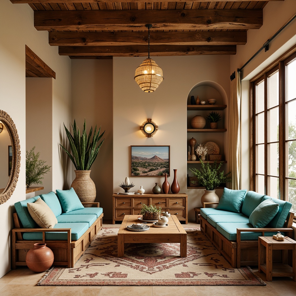 Prompt: Vibrant turquoise accents, rustic wooden furniture, woven Navajo-inspired rugs, clay pottery vases, earthy terracotta planters, woven wicker baskets, soft suede upholstery, warm golden lighting, natural linen drapes, distressed wooden mirrors, antique bronze hardware, vintage Native American artifacts, geometric patterned textiles, desert landscape artwork, warm beige stucco walls, reclaimed wood shelves, plush faux fur throws.