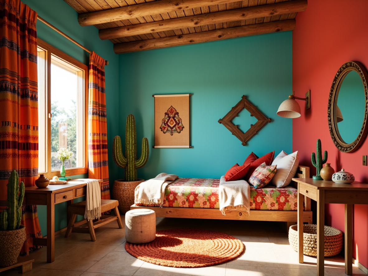 Prompt: Vibrant southwestern-themed kids' room, turquoise accent walls, sandy beige flooring, wooden furniture with intricate carvings, colorful woven textiles, plush area rug, geometric patterned curtains, cactus-shaped nightstand, rustic wooden desk, vibrant red and orange hues, natural fiber wicker chair, woven basket storage, terracotta pottery accents, warm golden lighting, shallow depth of field, 1/2 composition, soft focus, realistic textures.