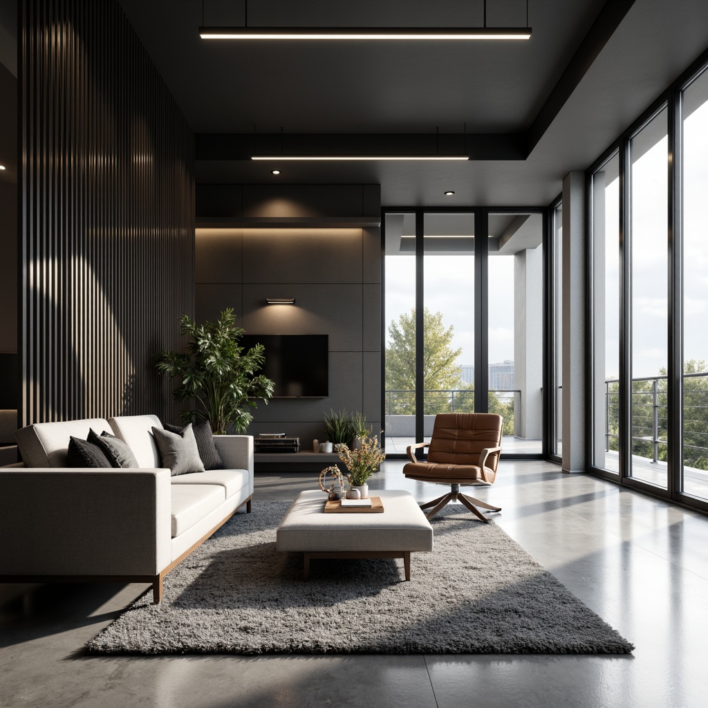 Prompt: Streamlined modern interior, sleek wall treatments, metallic accents, minimalist decor, monochromatic color scheme, glossy finishes, subtle textures, industrial chic vibe, urban loft atmosphere, floor-to-ceiling windows, sliding glass doors, natural light pouring in, soft ambient glow, 3/4 composition, shallow depth of field, realistic reflections.