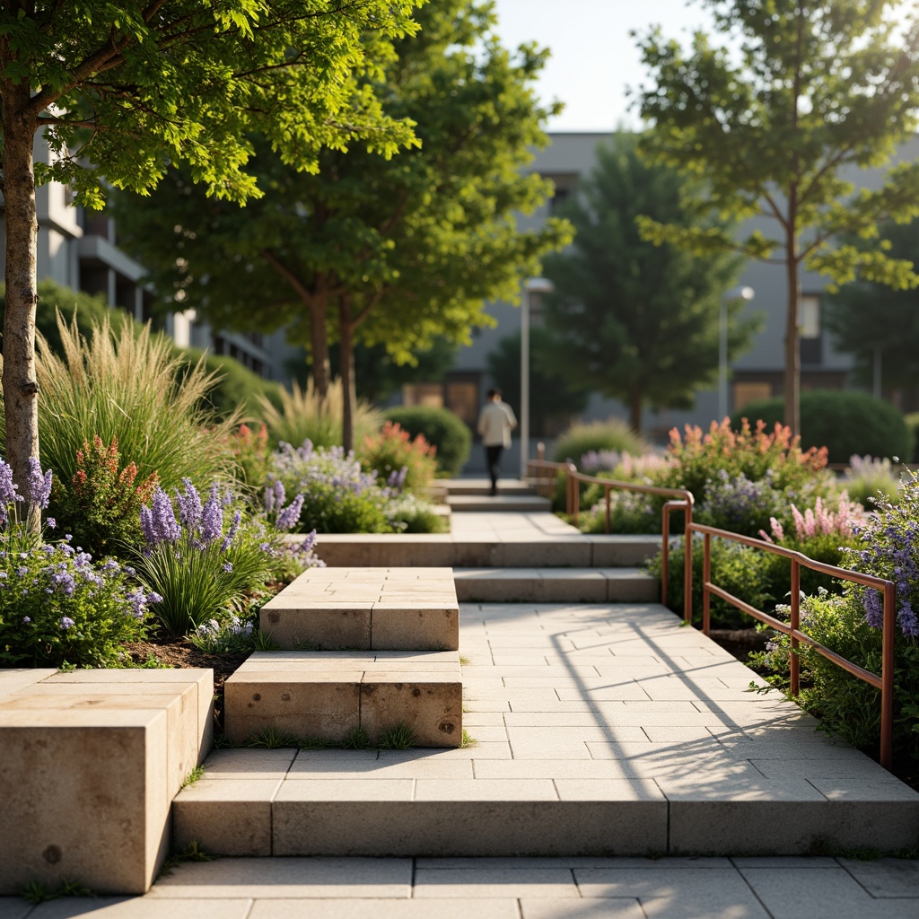 Prompt: Natural stone seating, weathered wooden benches, rusty metal railings, concrete pathways, lush greenery, vibrant flowers, tiered landscaping, gradual slope, open-air atmosphere, warm sunny day, soft warm lighting, shallow depth of field, 3/4 composition, panoramic view, realistic textures, ambient occlusion.