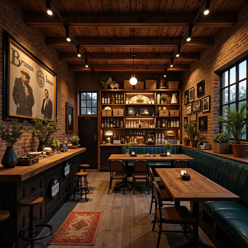 Prompt: Eclectic home bar, rich wood tones, vintage decor, ornate metalwork, eclectic artifacts, rustic wooden crates, distressed finishes, industrial pipes, Edison bulbs, reclaimed wood shelves, decorative ladder, woven baskets, potted greenery, dim warm lighting, shallow depth of field, 1/1 composition, realistic textures, ambient occlusion.