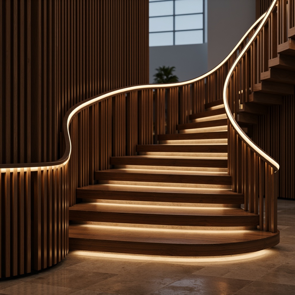 Prompt: Luxurious staircase, sleek metal railings, minimalist design, modern LED lighting, glossy wooden treads, high-gloss finish, elegant curves, flowing lines, open risers, suspended steps, floating effect, rich wood tones, premium materials, subtle textures, ambient illumination, dramatic shadows, 3/4 composition, shallow depth of field, realistic reflections, atmospheric rendering.