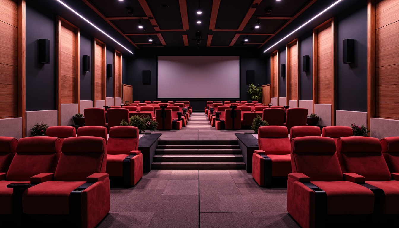 Prompt: Luxurious cinema interior, modern sleek lines, minimalist decor, plush velvet seats, reclining chairs, adjustable armrests, built-in cup holders, premium sound systems, ambient LED lighting, dark wood accents, metallic trim, geometric patterns, futuristic design elements, spacious legroom, comfortable aisles, cinematic screen, projection technology, surround sound speakers, 1/1 composition, shallow depth of field, soft warm glow, realistic textures.