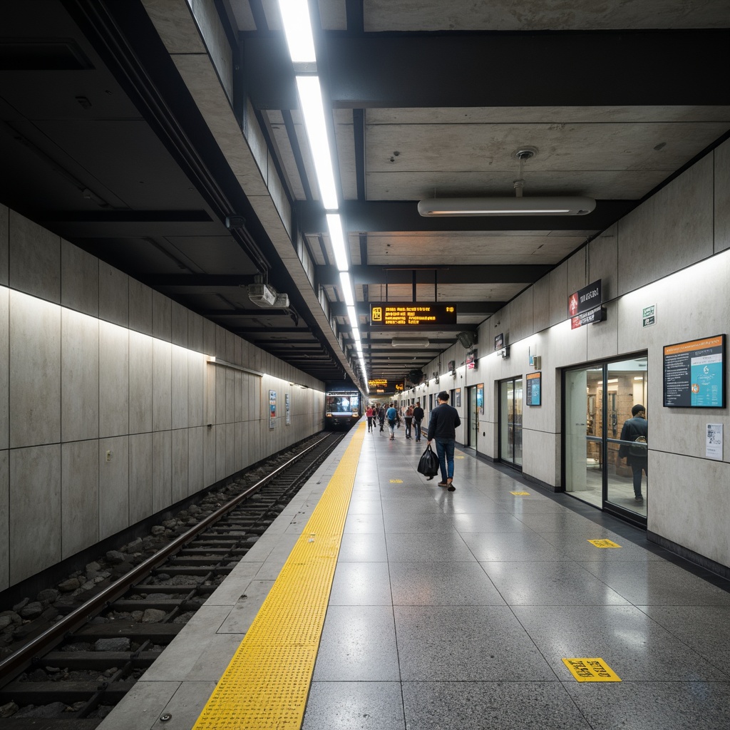 Prompt: Modern metro station interior, sleek concrete walls, industrial-style lighting fixtures, stainless steel handrails, granite flooring, high-traffic durability, slip-resistant surfaces, easy maintenance materials, integrated signage systems, wayfinding graphics, pedestrian-friendly navigation, busy urban atmosphere, morning rush hour, soft diffused lighting, shallow depth of field, 2/3 composition, realistic textures, ambient occlusion.