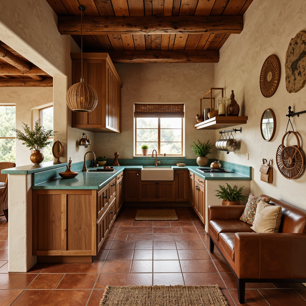 Prompt: Warm southwestern kitchen, earthy terracotta floors, rustic wooden cabinets, distressed wood accents, vibrant turquoise countertops, textured stucco walls, natural stone backsplash, woven rattan lighting fixtures, desert-inspired ceramic tiles, warm beige granite, rich brown leather upholstery, woven jute rugs, pendant lamps with copper accents, soft warm lighting, 1/1 composition, realistic textures, ambient occlusion.