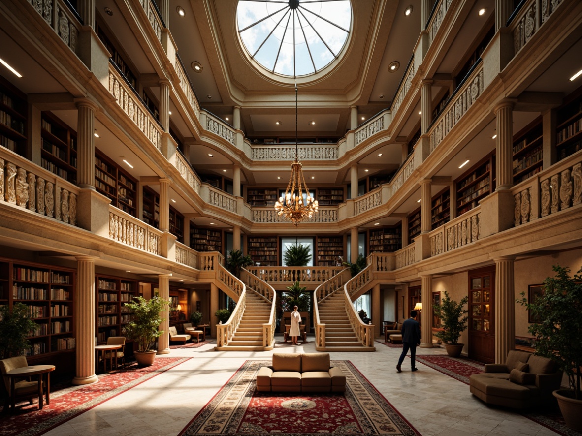 Prompt: Grandiose library facade, ornate columns, intricately carved stone details, majestic dome structures, sweeping staircases, regal balconies, richly patterned rugs, elegant chandeliers, warm golden lighting, soft focused blur, 1/2 composition, symmetrical framing, realistic marble textures, subtle ambient occlusion.