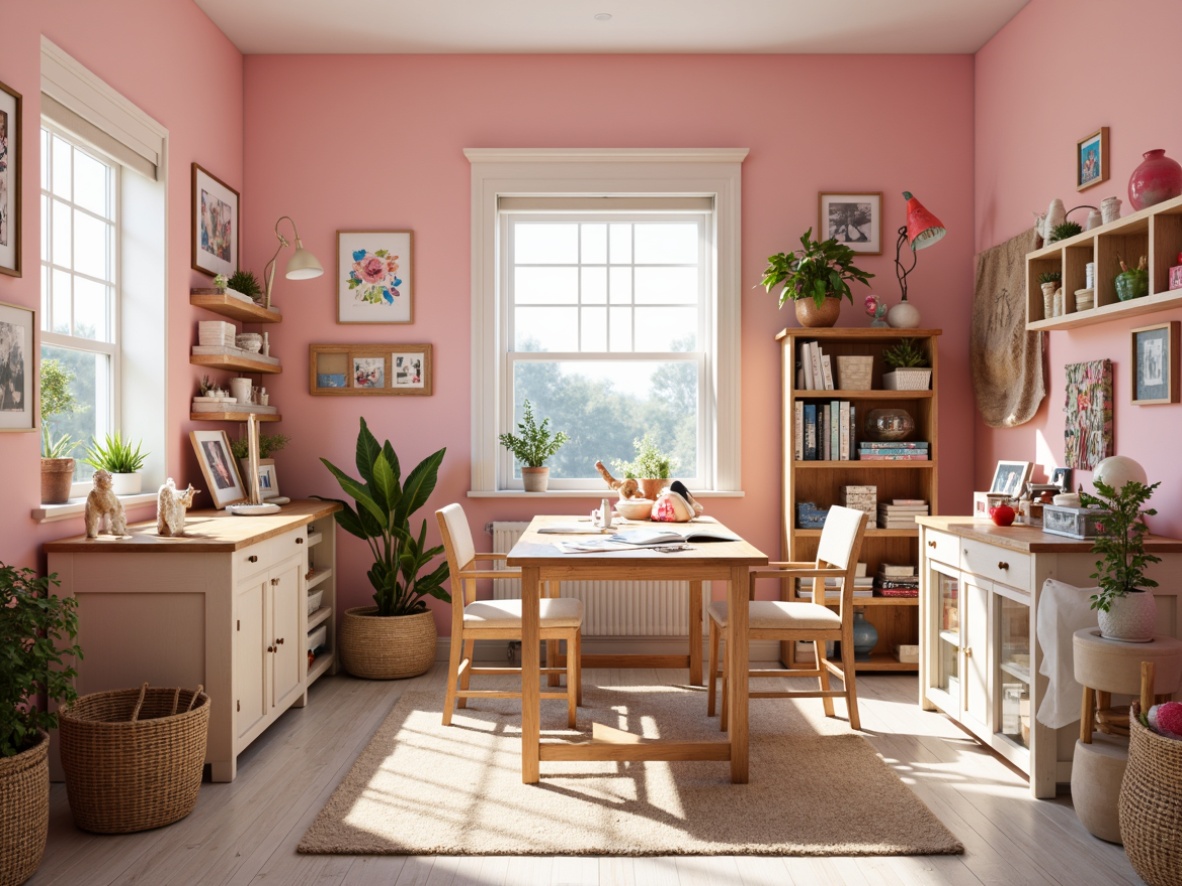 Prompt: Vibrant craft room, pastel colors, soft pink walls, creamy white furniture, natural wood accents, woven baskets, colorful fabric scraps, eclectic art supplies, wooden worktable, comfortable stools, warm task lighting, shallow depth of field, 1/1 composition, realistic textures, ambient occlusion.