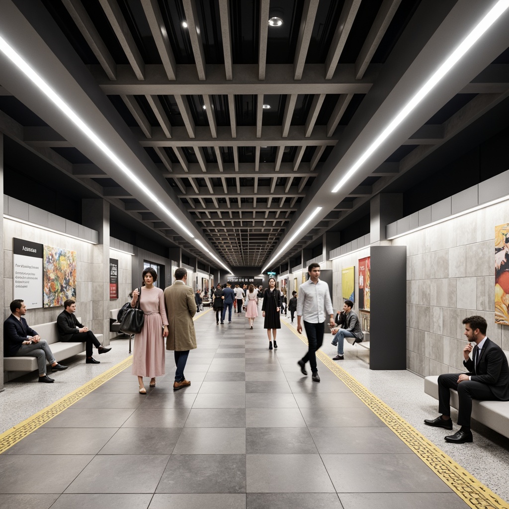 Prompt: Modern metro station interior, sleek urban atmosphere, polished concrete floors, terrazzo tiles, stainless steel accents, minimalist design, energy-efficient lighting, LED strips, subtle color scheme, natural stone walls, geometric patterns, functional signage, comfortable seating areas, pedestrian-friendly surfaces, noise-reducing materials, acoustic panels, futuristic ambiance, high-traffic durability, easy maintenance, hygienic finishes, urban connectivity, rush hour crowds, morning commute, evening commute.