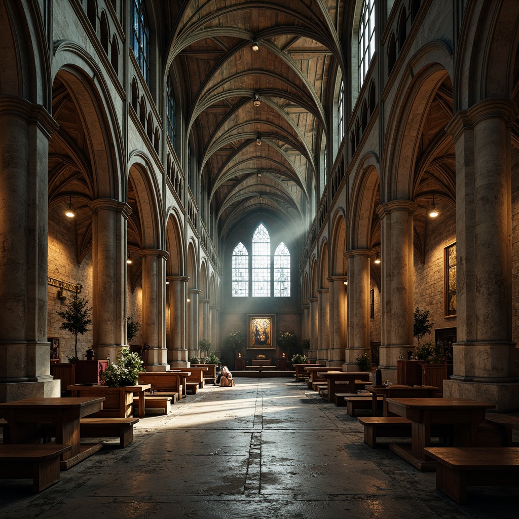 Prompt: Grandiose cathedral, ornate stone carvings, stained glass windows, ribbed vaults, pointed arches, flying buttresses, intricate tracery, weathered copper roofs, worn stone flooring, richly textured brick walls, mystical ambiance, soft warm lighting, dramatic shadows, high contrast ratio, atmospheric perspective, cinematic composition.