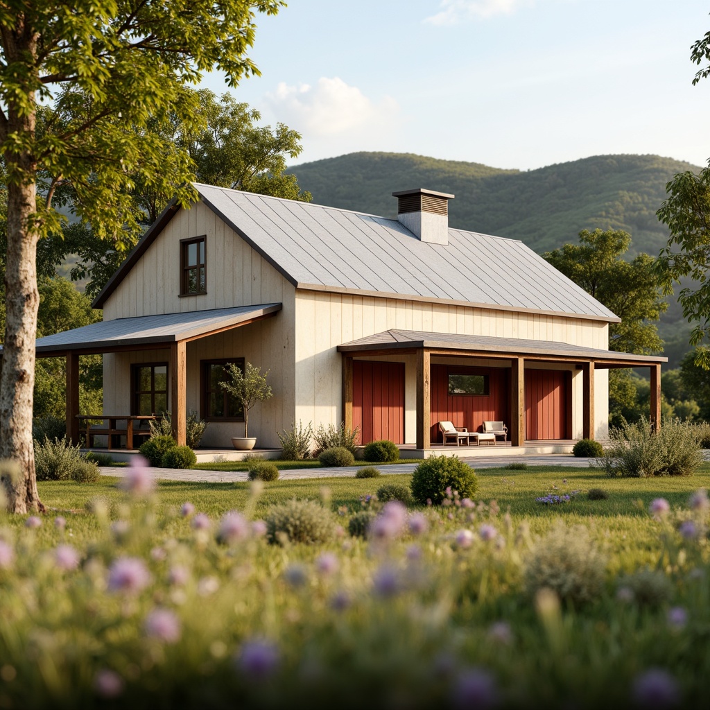 Prompt: Rustic farmhouse, vintage decor, earthy tones, warm beige walls, distressed wood accents, soft sage greenery, creamy whites, rich browns, weathered metal roofs, classic red barn doors, lush wildflowers, rolling hills, sunny afternoon, gentle warm lighting, shallow depth of field, 2/3 composition, natural textures, ambient occlusion.