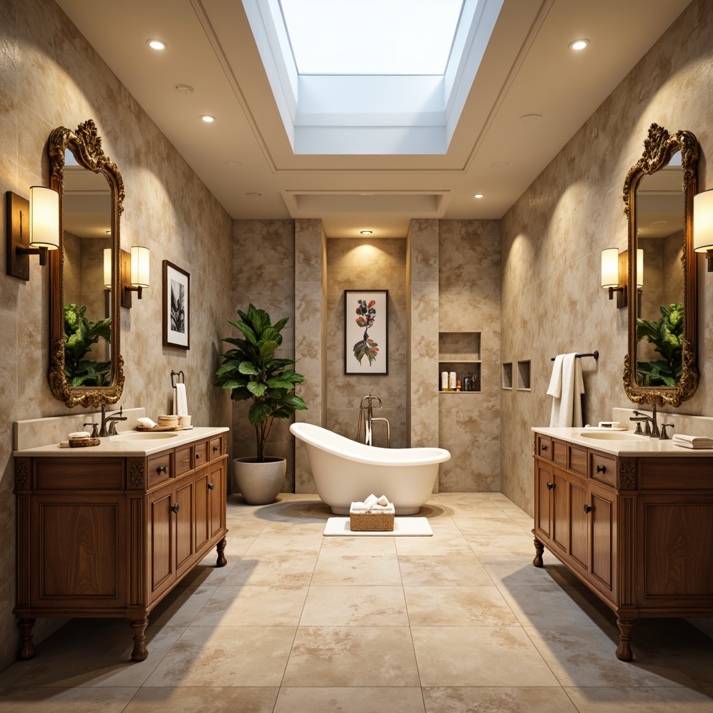 Prompt: Luxurious bathroom, freestanding tub, rainfall showerhead, polished chrome fixtures, heated flooring, soft LED lighting, ambient misting system, natural stone walls, wooden vanity cabinets, ornate mirrors, decorative soap dispensers, plush towels, botanical greenery, skylight above, warm beige tones, 1/2 composition, shallow depth of field.