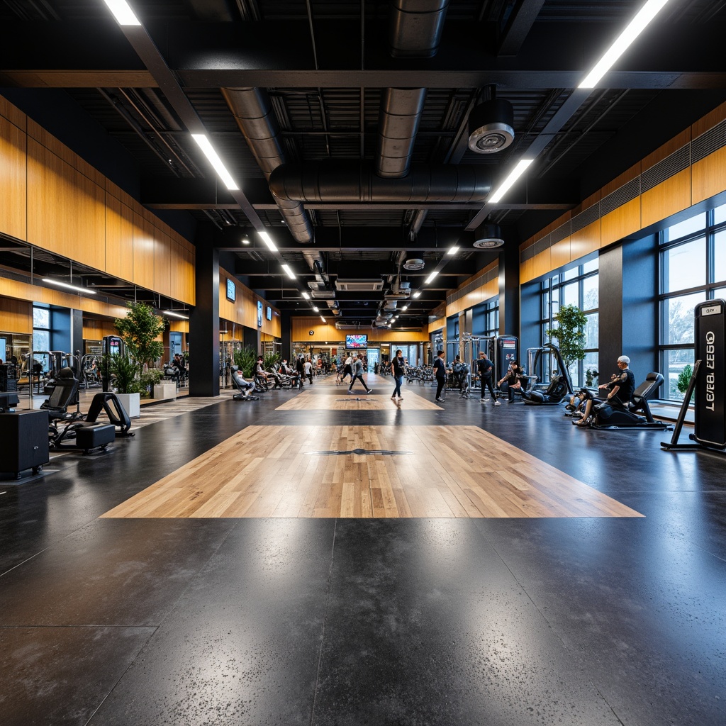 Prompt: Modern fitness club interior, industrial-chic aesthetic, high-gloss epoxy resin flooring, durable rubber flooring, shock-absorbing surfaces, anti-slip coatings, heavy-duty exercise equipment, mirrored walls, LED lighting, suspended ceilings, open spaces, minimalist decor, functional zones, athletic-inspired color schemes, dynamic atmosphere, 3/4 composition, low-angle photography, realistic textures, ambient occlusion.