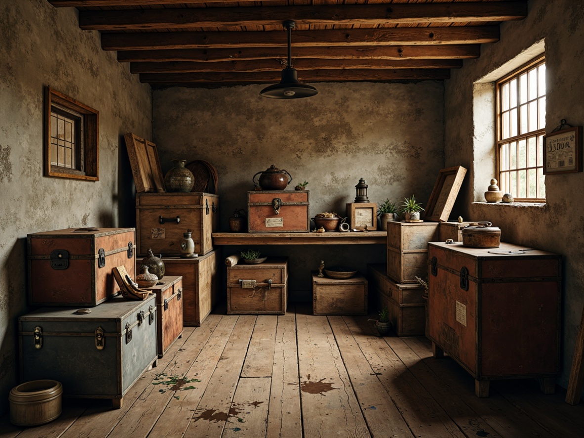 Prompt: Rustic storage room, distressed wooden crates, vintage metal trunks, worn stone walls, earthy tones, muted color palette, expressionist brushstrokes, heavy textures, rough-hewn wood planks, faded labels, old lanterns, mysterious shadows, warm softbox lighting, 1/1 composition, dramatic chiaroscuro, bold geometric shapes, abstract splatters, artistic messiness.