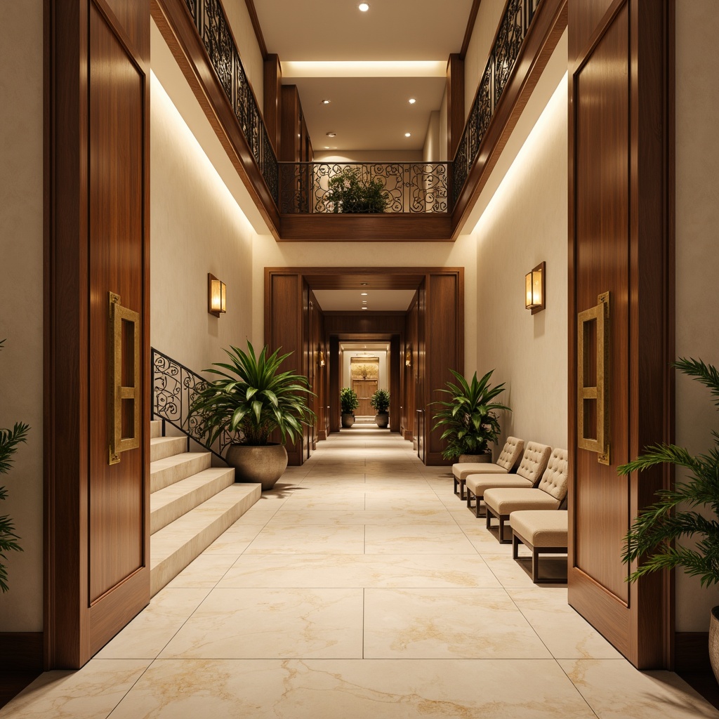 Prompt: Elegant entrance, warm welcoming atmosphere, rich wood tones, cream-colored walls, soft beige marble floors, bronze door handles, ornate metalwork, subtle ambient lighting, vibrant greenery, potted plants, natural stone steps, curved staircases, luxurious textiles, tufted upholstery, metallic accents, soft golden lighting, shallow depth of field, 1/1 composition, realistic reflections.